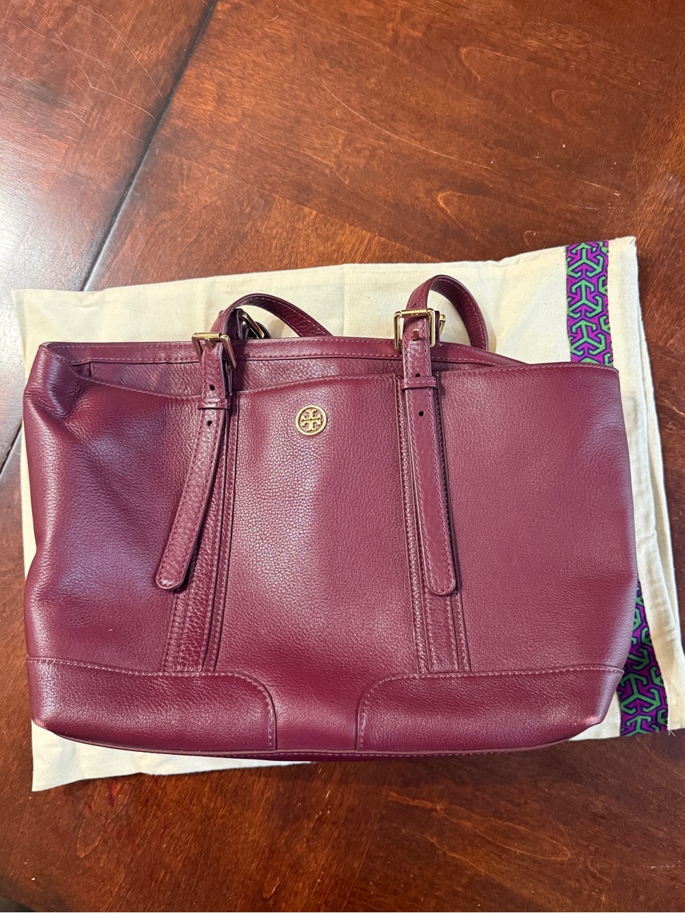 Tory Burch Landon Pebbled Burgundy Leather Tote Bag